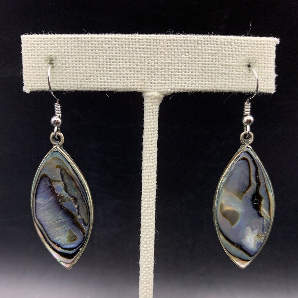 Alpaca Mexico Abalone Earrings Drop Dangle Silver Tone Hook Pierced Vintage